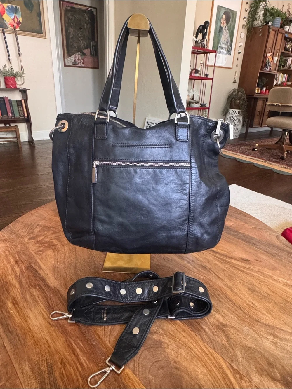 Hammitt Large Daniel Satchel Black Leather Suede Tote Studded Crossbody Silver